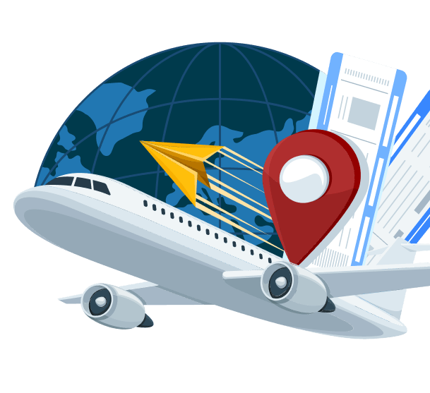 Airplane flying over a globe with a location pin and paper plane